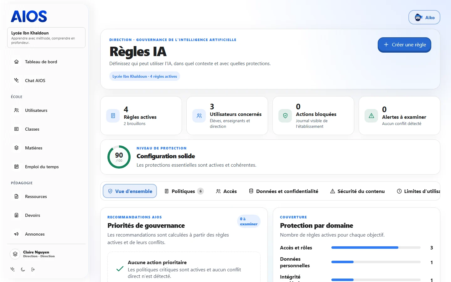 Écran des règles d’usage côté direction : règles actives, niveau de protection et couverture par domaine.