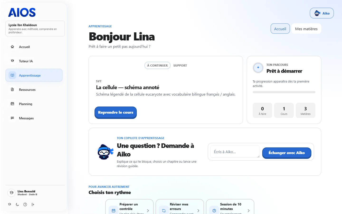 Espace Apprentissage AIOS avec les parcours, les matières et la reprise d’une leçon.