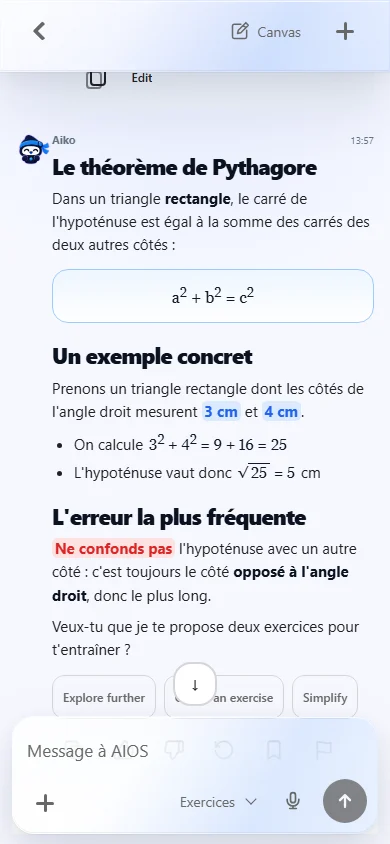 Espace élève AIOS sur téléphone : réponse de l’assistant lisible et champ de saisie accessible en bas de l’écran.