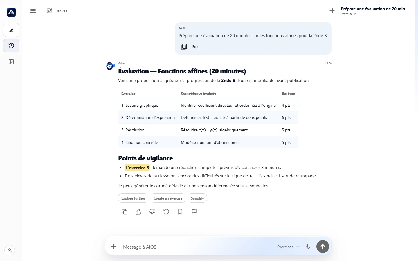 Assistant AIOS côté enseignant : trame d’évaluation présentée sous forme de tableau de compétences et de barème.