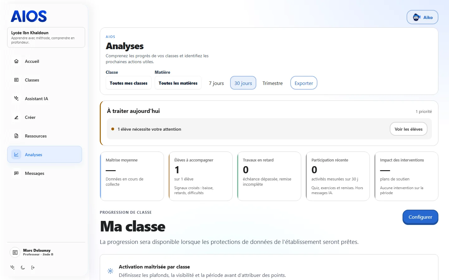Écran Analytics enseignant : priorités du jour, indicateurs de maîtrise et lecture AIOS des signaux mesurés.