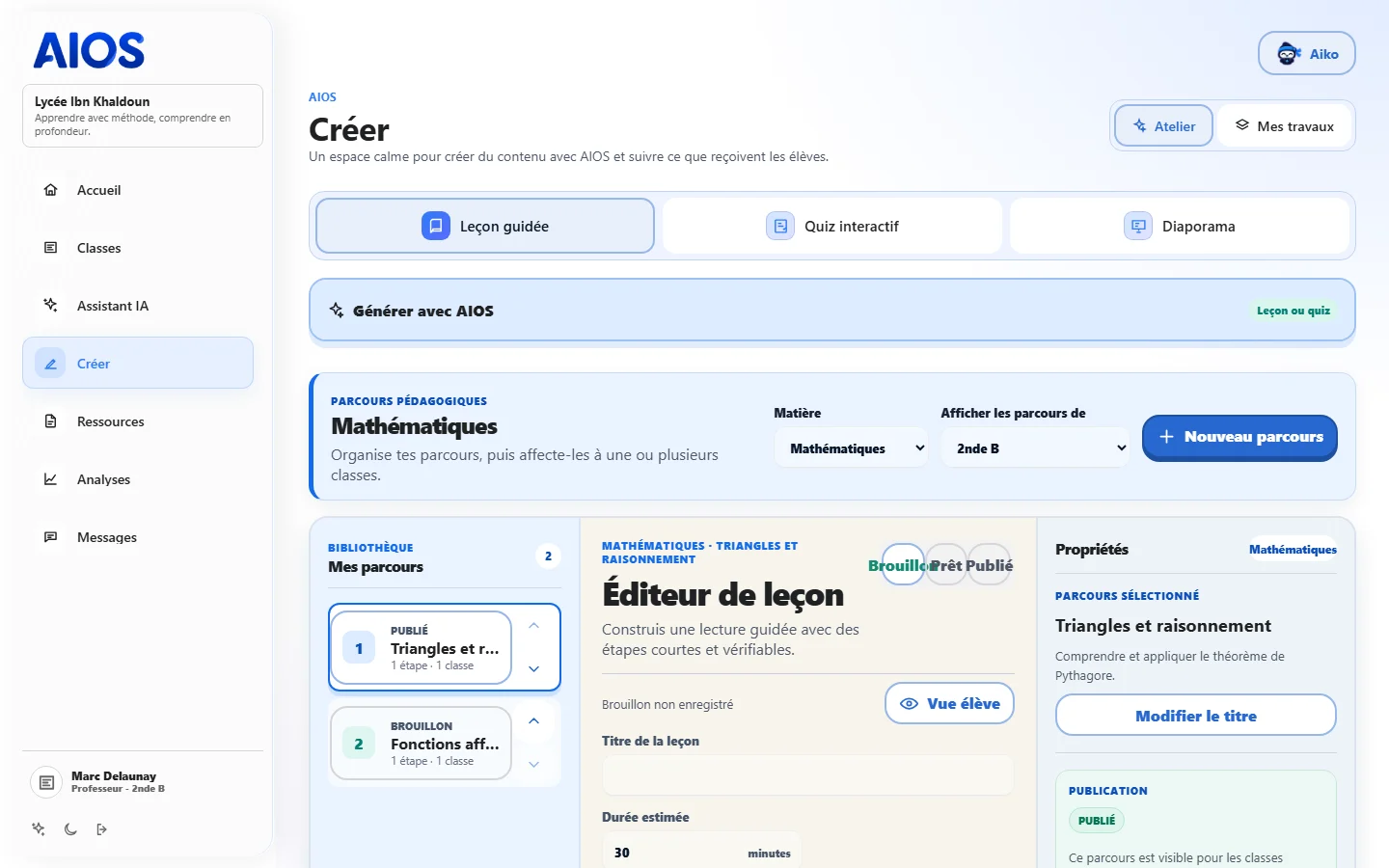 Écran Créer côté enseignant : formulaire de plan de leçon à gauche, éditeur de contenu et aperçu à droite.